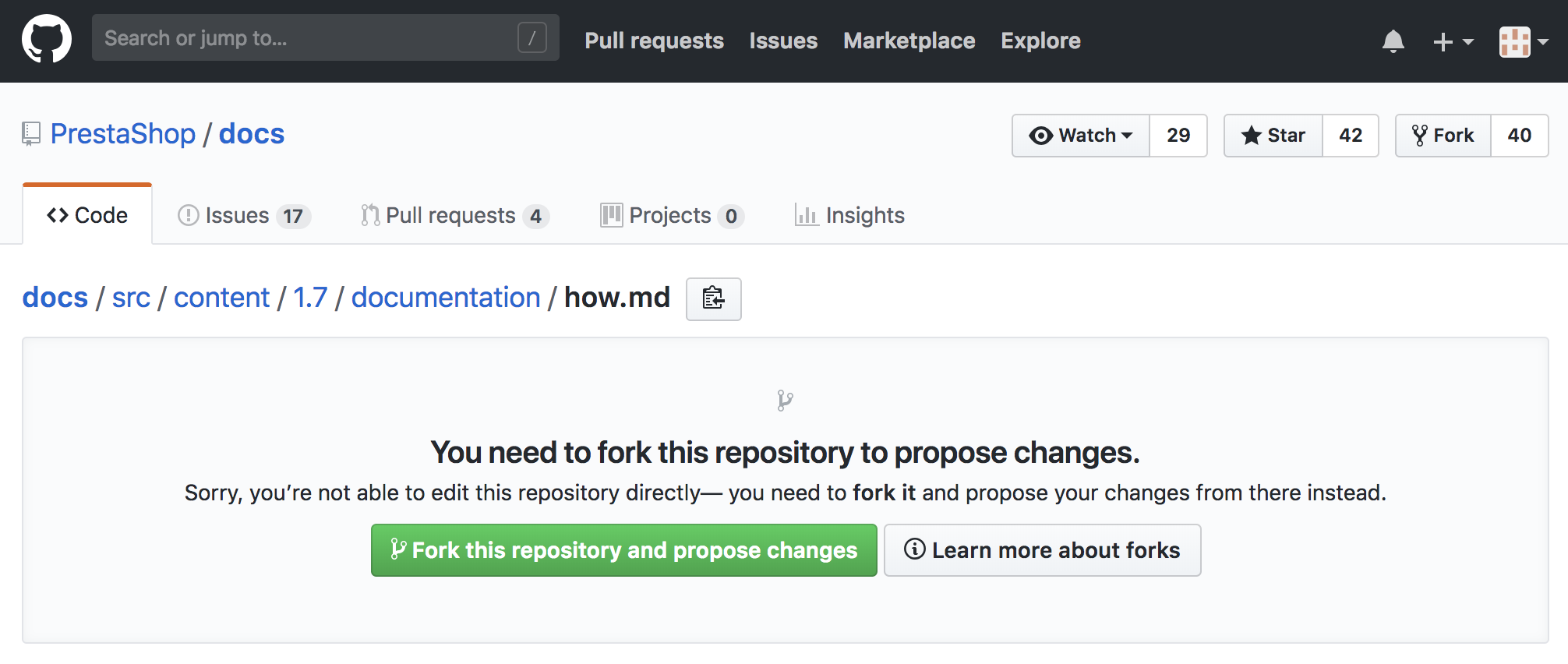 GitHub message indicating you need to fork