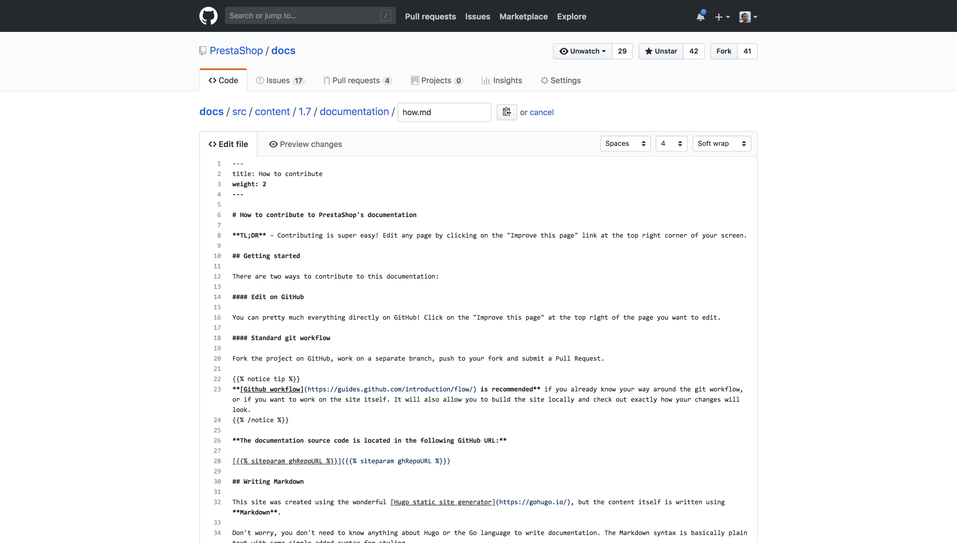 Capture of the edit page on GitHub