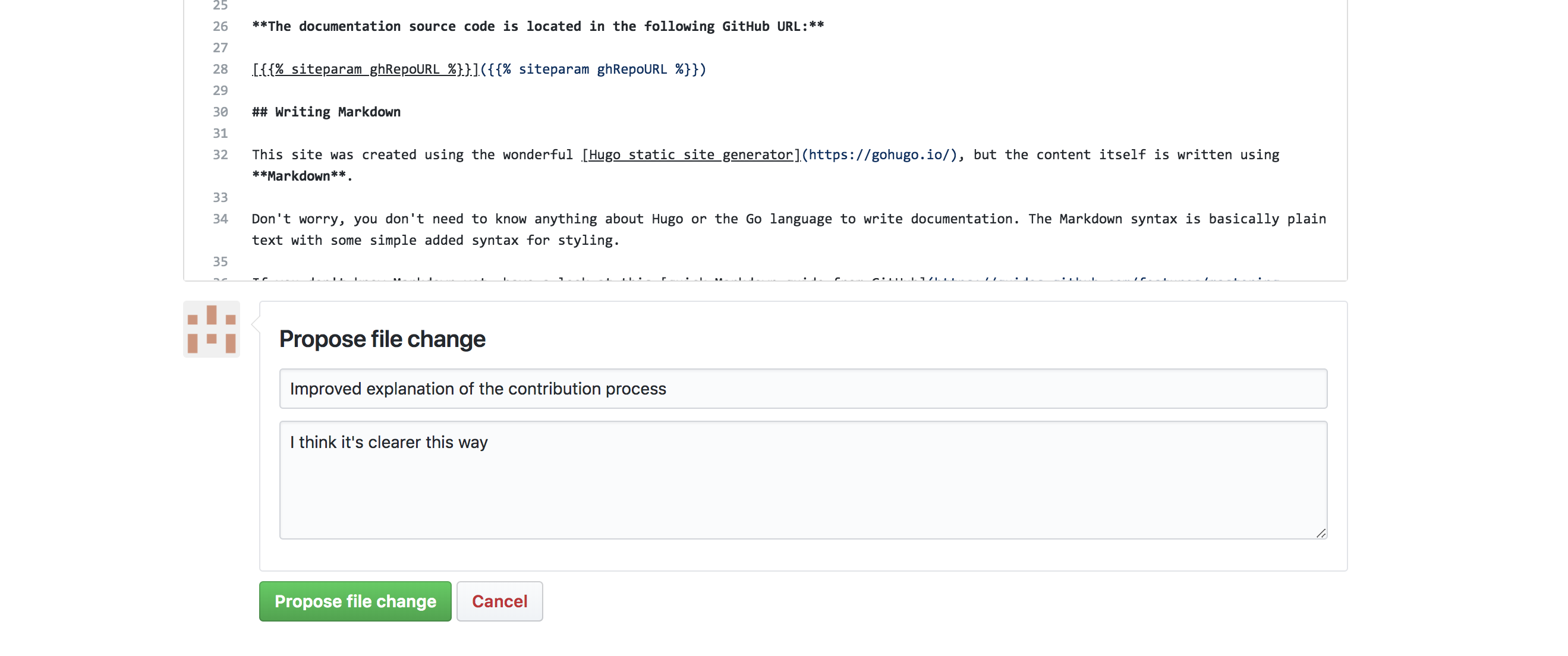 Capture of the change message on GitHub