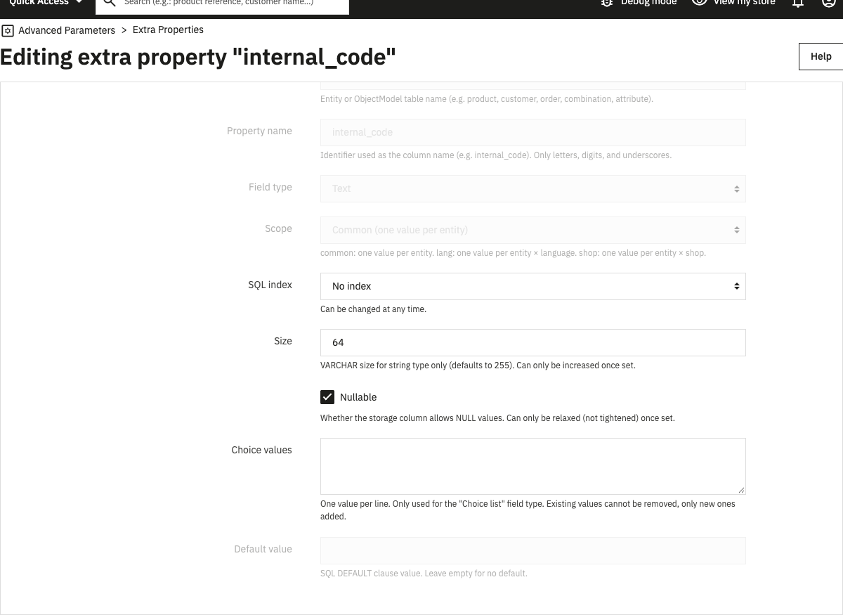 Field definition card when editing a property