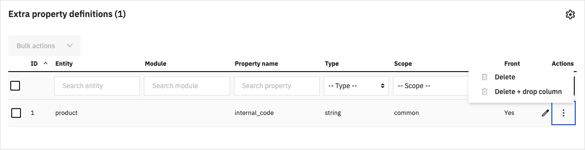 Extra property definitions grid with its row actions